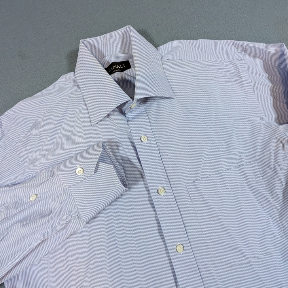Canali Dress Shirt Mens 15.5 Blue Micro Stripe Long Sleeve Made in Italy